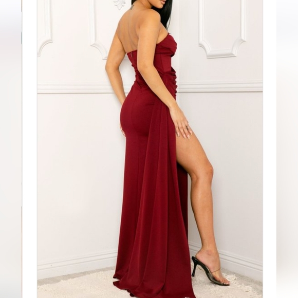 New, Draped pleated tube top, ruched flare bottom maxi dress with a zipper back. - Picture 2 of 3